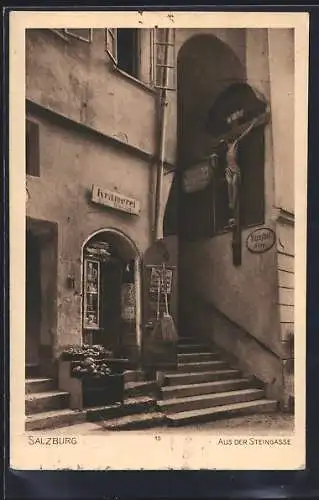 AK Salzburg, Steingasse mit Kapuziner-Stiege, Krämerei Maria Melzer