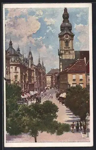 Künstler-AK Graz, Herrengasse mit Kirche