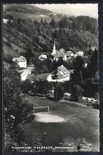 AK Waldbach /Oststeiermark, Ortsansicht mit Fussballplatz aus der Vogelschau