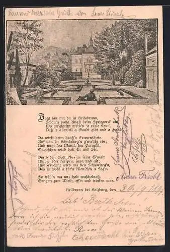 AK Salzburg, Schloss Hellbrunn, Park, Gedicht