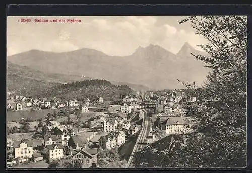 AK Goldau, Teilansicht mit Bahngleis und den Mythen