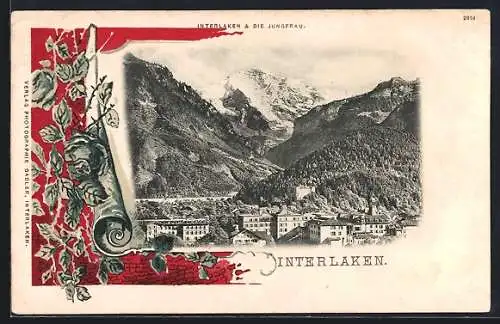 AK Interlaken, Teilansicht und die Jungfrau, Rosen, Passepartout