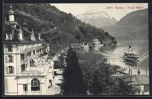 AK Gersau, Hotel Müller mit Bergen und Dampfer