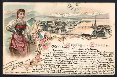 Lithographie Zürich, Teilansicht mit Bergen, Frau in Tracht