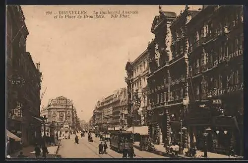 AK Bruxelles, Le Boulevard Anspach et la Place de Brouckère, Strassenbahn