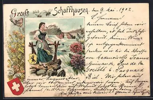 Lithographie Schaffhausen, Mädchen in Tracht am Rheinfall, Wappen