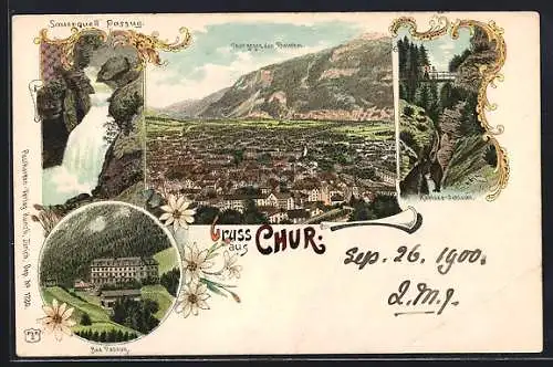 Lithographie Chur, Ortsansicht gegen das Rheintal, Sauerquell Passug, Bad Passug