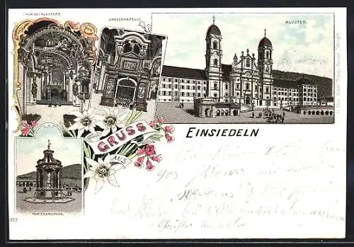 Lithographie Einsiedeln, Gnadenkapelle, Marienbrunnen, Kloster