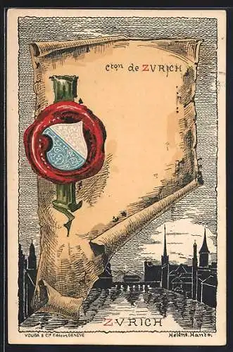 Künstler-AK Zürich, Stadt bei Nacht, Wappen des Kantons Zürich