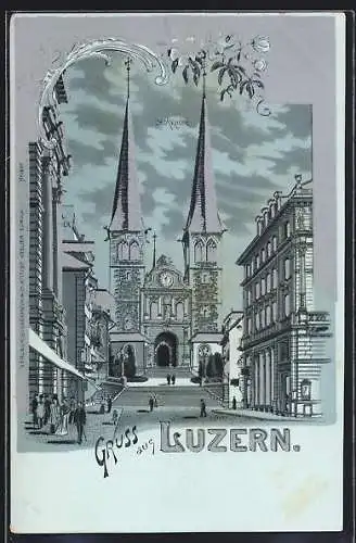 Mondschein-Lithographie Luzern, Blick auf die Hofkirche