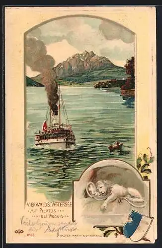 Passepartout-Lithographie Weggis, Sicht über den Vierwaldstättersee mit Pilatus und Dampfer, Löwendenkmal, Wappen