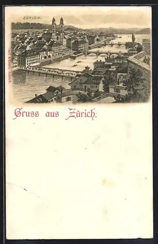 Lithographie Zürich, Panoramablick auf die Stadt