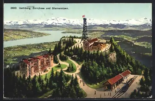 AK Uetliberg, Hotel Uetliberg, Bahnstation und Aussichtsturm, Blick auf Zürichsee und Glarneralpen