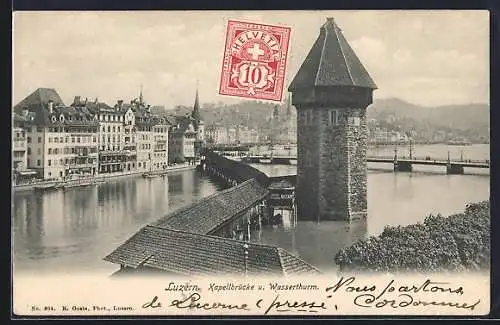 AK Luzern, Kapellbrücke und Wasserthurm