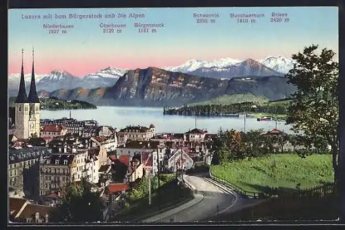 AK Luzern, Panorama mit Bürgenstock und Alpen