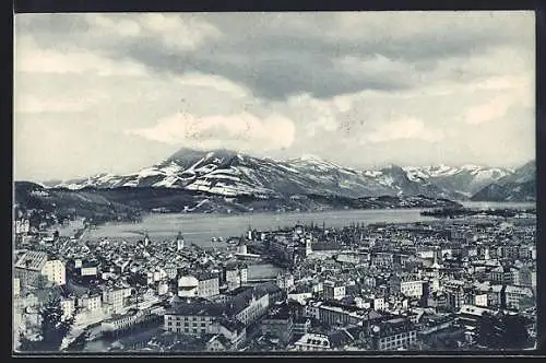 AK Luzern, Panoramablick auf Ort, See und Alpen