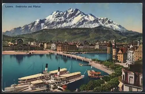 AK Luzern, Seebrücke und Pilatus, Dampfer