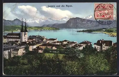 AK Luzern, Teilansicht mit Kirche, Blick auf die Alpen