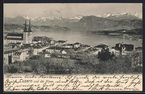 AK Luzern, Teilansicht der Ortschaft, Blick auf die Alpen