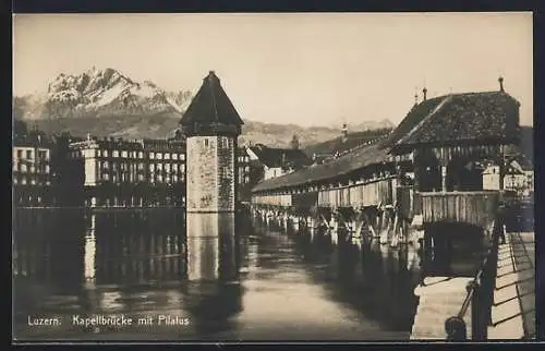 AK Luzern, Kapellbrücke mit Pilatus