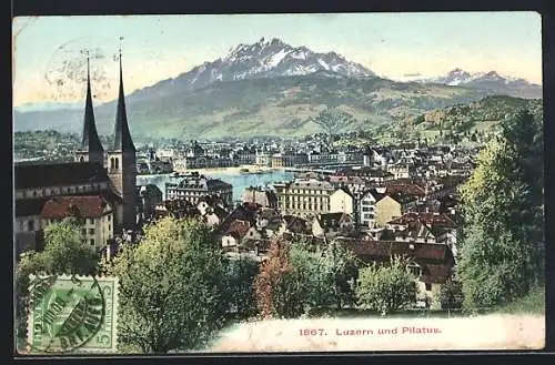 AK Luzern, Blick über die Stadt zum Pilatus