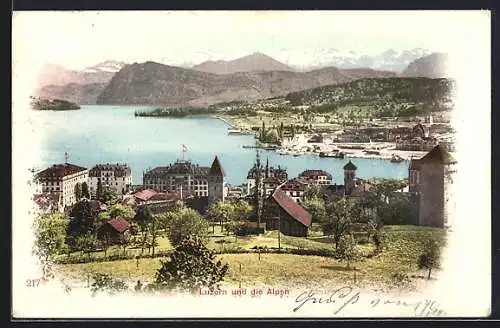 Lithographie Luzern, Totalansicht mit Alpenblick