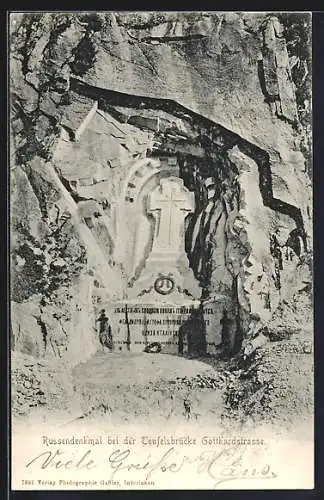 AK Teufelsbrücke /Gotthardstrasse, Blick auf das Russendenkmal