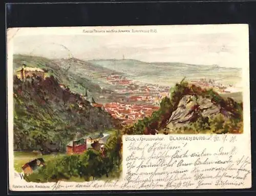 Lithographie Blankenburg / Harz, Blick vom Grossvater auf den Ort