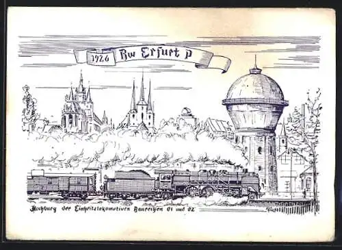 Künstler-AK Erfurt, Kirche mit Eisenbahn