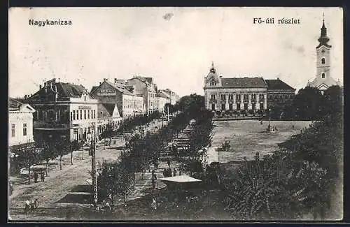 AK Nagykanizsa, Fö-uti reszlet, Strassenansicht mit Kirche