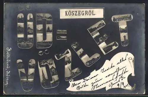 AK Köszeg, Ortsansichten im Schriftzug Üdvözlet