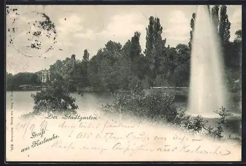 AK Karlsruhe, Der Stadtgarten mit Wasserfontäne