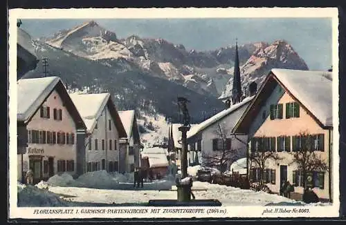 AK Garmisch-Partenkirchen, Floriansplatz mit Zugspitzengruppe