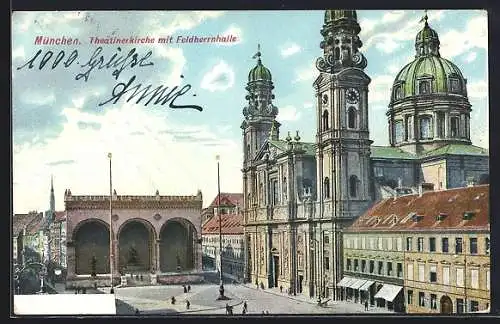 AK München, Theatinerkirche mit Feldherrnhalle