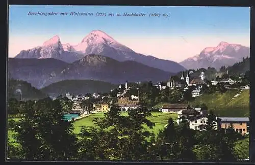 AK Berchtesgaden, Ortsansicht mit Watzmann und Hochkalter