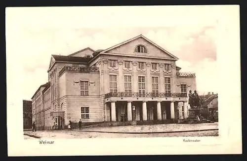 AK Weimar / Thüringen, Hoftheater mit Goethe und Schiller-Denkmal