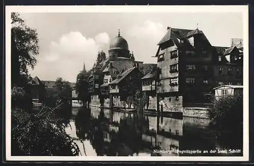 AK Nürnberg, Pegnitzpartie an der Insel Schütt mit Synagoge