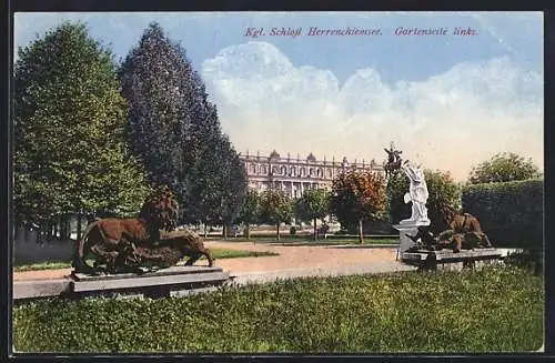 AK Herrenchiemsee, Kgl. Schloss, Gartenseite links