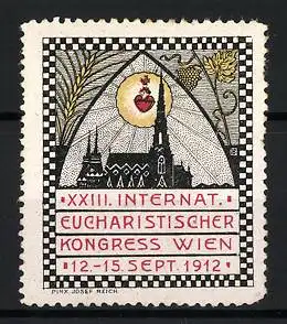 Reklamemarke Wien, XXIII. Internat. Eucharistischer Kongress 1912, Kirche und Herz-Symbol, Künstler P. Josef Reith