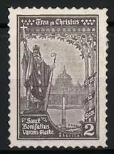 Reklamemarke Treu zu Christus, St. Bonifatius mit Stab und Kirche im Hintergrund