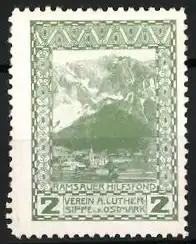 Reklamemarke Ramsau, Hilfsfond, Landschaft mit Bergen und Ortsszene