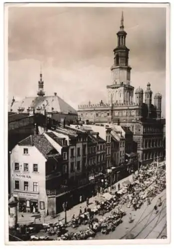 Fotografie Schostal, Ansicht Posen - Poznan, Korbhalle & Rathaus, Marktstände am Markttag