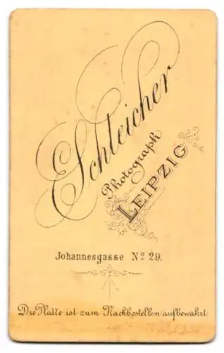 Fotografie E. Schleicher, Leipzig, Johannesgasse 29, Porträt einer Frau mit elegantem Kleid
