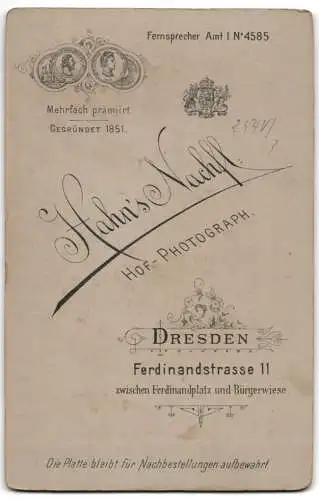 Fotografie Hahn`s Nachf., Dresden, Ferdinandstrasse 11, Porträt einer jungen Frau im eleganten Kleid