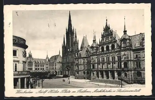 AK Wiesbaden,  Platz m. Rathaus, Marktkirche und Studienanstalt