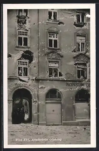 AK Wien-Ottakring, Fassade des Arbeiterheimes nach der Beschiessung