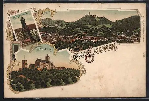 Lithographie Eisenach, Die Wartburg, Lutherdenkmal, Totalansicht