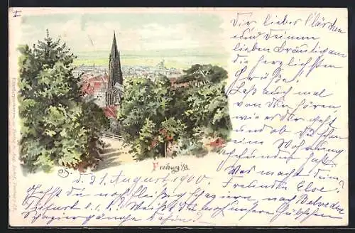 Lithographie Freiburg / Breisgau, Teilansicht mit Blick zum Dom