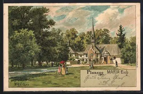 Künstler-AK Planegg, Maria Eich, Frau mit Schirm und zwei Kindern