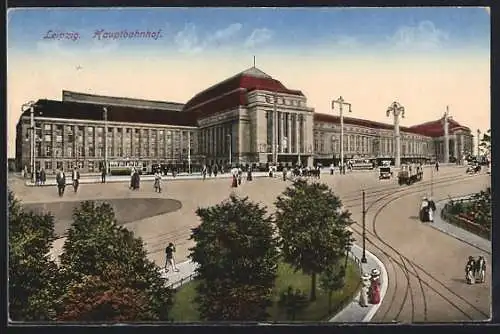 AK Leipzig, Hauptbahnhof mit LKW und Strassenbahnen